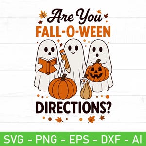 Puede incluir: Un gráfico temático de Halloween con tres fantasmas de dibujos animados. Uno sostiene un libro, otro un lápiz y el tercero una calabaza tallada. El texto dice "Are You FALL-O-WEEN DIRECTIONS?" con hojas de otoño.