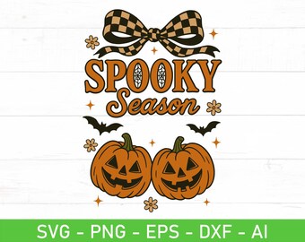 Spooky Season SVG PNG – Pumpkins with Checkered Bow, Cute Halloween Design For Shirts and Fall Decor