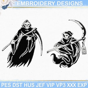 May include: Two black and white embroidery designs of the Grim Reaper. The first design shows the Grim Reaper holding a scythe. The second design shows the Grim Reaper holding a scythe and a lantern.