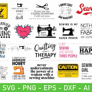 Op de afbeelding: Een verzameling van 16 kleurrijke en humoristische SVG-snijbestanden met naai-thema woordspelingen en spreuken. De ontwerpen bevatten zinnen als "Naaiën is mijn superkracht", "Ik zou liever naaien" en "Naaiën maakt me gelukkig, jou niet zo veel".
