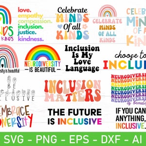 インクルージョン SVG バンドル、インクルージョンの重要性 svg、神経多様性を受け入れる svg、自閉症の名言 svg バンドル、インクルージョンは私の愛の言葉 svg