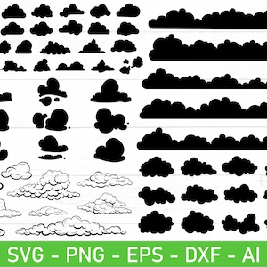 May include: A set of 40 black and white cloud SVG cut files. The clouds are in various shapes and sizes, including single clouds, cloud borders, and cloud clusters.