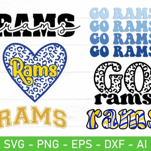 May include: A set of digital cut files for a Rams logo. The files include a black and white Rams logo, a heart-shaped Rams logo with a leopard print pattern, a Rams logo with a blue and yellow swirl pattern, and a "GO Rams" logo with a leopard print pattern.