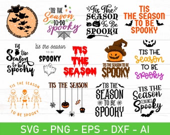 Pode incluir: Uma coleção de dez arquivos de corte SVG com tema de Halloween, apresentando vários designs com o texto "Tis the season to be spooky".