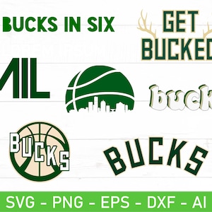 Może przedstawiać: Zielone i białe logo i tekst Milwaukee Bucks, w tym "Bucks in Six", "Get Bucked", "MIL", "bucks" i "BUCKS". Jest też zielona piłka do koszykówki z białym obramowaniem i panoramą miasta.