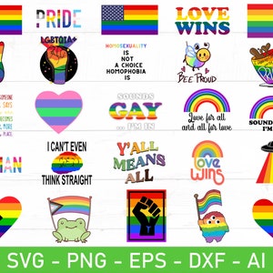 May include: A set of 16 digital designs featuring rainbow pride flags, hearts, and text. The designs include phrases like "Pride", "Love Wins", "Sounds Gay, I'm In", and "Y'all Means All".