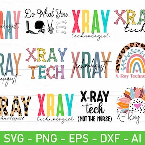 Könnte beinhalten: Ein Set mit 10 digitalen Designs mit dem Text "X-Ray Technologist" in verschiedenen Stilen und Farben. Die Designs beinhalten einen Regenbogen, eine Sonnenblume, einen Totenkopf mit Knochen und ein Leopardenmuster.