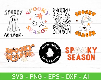 Pode incluir: Um conjunto de 6 arquivos de corte SVG para a época de Halloween com fantasmas e o texto "Spooky Season". Os designs são em vários estilos, incluindo um estilo retrô com letras coloridas e um design simples em preto e branco.