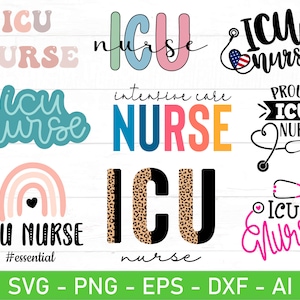 Peut inclure: Un ensemble de 10 designs numériques présentant divers graphismes textuels pour les infirmières des soins intensifs. Les designs incluent des phrases comme "Infirmière des soins intensifs", "Infirmière des soins intensifs" et "Fière infirmière des soins intensifs". Les designs sont dans une variété de couleurs et de polices, y compris le rose, le bleu, le vert, le jaune et le noir.
