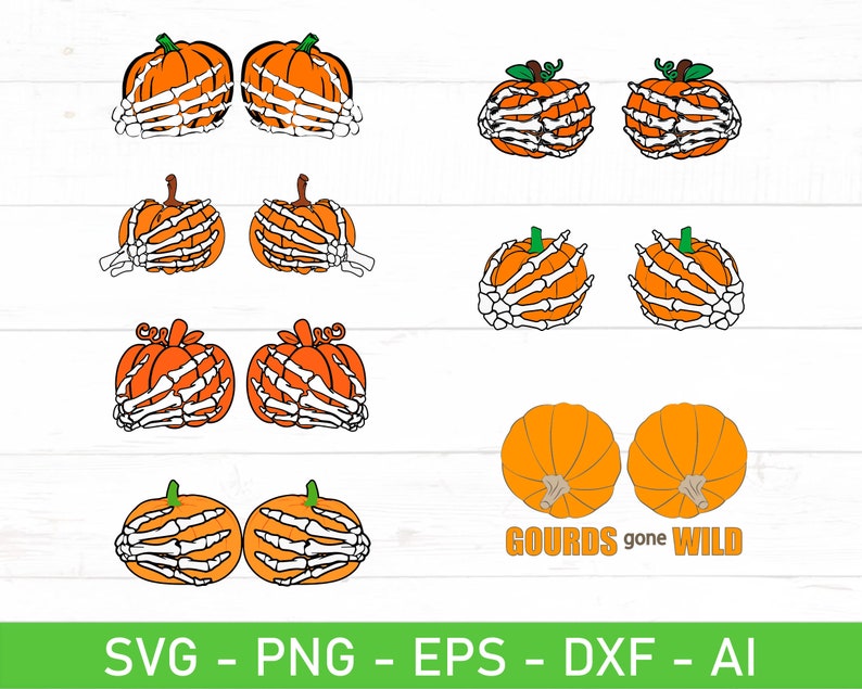 May include: A set of digital cut files featuring pumpkins with skeleton hands covering their eyes. The text "GOURDS gone WILD" is included in the design.