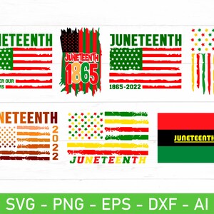 Puede incluir: Un conjunto de archivos de corte digital para Juneteenth, un día festivo que celebra la emancipación de los afroamericanos esclavizados en los Estados Unidos. Los diseños presentan varios estilos de la bandera estadounidense con las palabras "Juneteenth" y "1865" incorporadas.