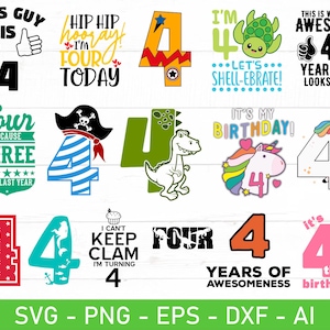 4. Geburtstags-Svg, vierter Geburtstags-Svg, Turning 4 svg, Kinder-Geburtstags-Svg, Eps, Dxf, Ai, PNG, Dateien für Cricut