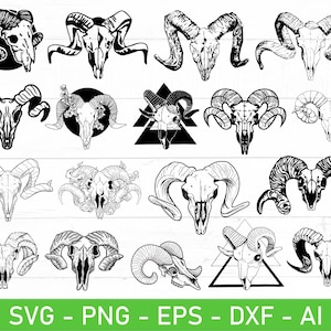 May include: A set of 20 black and white SVG cut files featuring various ram skull designs. The designs include ram skulls with horns, floral accents, and geometric shapes.