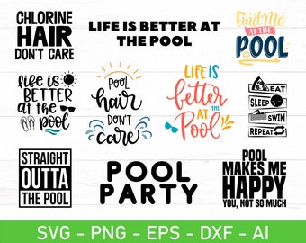 Pacchetto SVG con citazioni sulla piscina, detti sulla piscina in formato SVG, La vita è migliore in piscina in formato SVG, Portami in piscina in formato SVG, eps, dxf, ai, png, file per Cricut