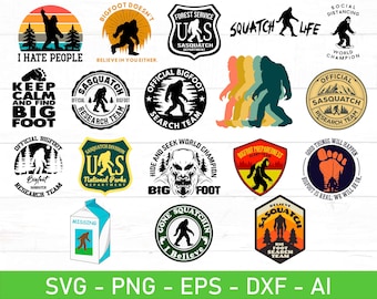 May include: A collection of 16 digital designs featuring a Bigfoot or Sasquatch theme. The designs include various slogans, logos, and illustrations. Some of the slogans include "I Hate People", "Keep Calm and Find Bigfoot", "Bigfoot Doesn't Believe in You Either", "Sasquatch Life", "Hide and Seek World Champion", "Bigfoot Preparedness Alert Team", "Good Things Will Happen Bigfoot is Real. We Will Be Ok.", and "Believe Sasquatch".