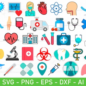 Ensemble d&#39;icônes médicales SVG PNG, clipart hôpital médecin infirmière, soins infirmiers svg, svg symboles médecine, stéthoscope svg