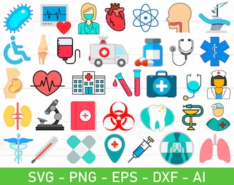 Paquete de iconos médicos SVG PNG, imágenes prediseñadas de médico, enfermera y hospital, iconos de enfermería, símbolos de medicina, estetoscopio