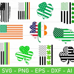 May include: A set of ten digital cut files featuring various designs of the American flag and shamrock, perfect for crafting projects. The designs include a traditional American flag, a shamrock with stars, and a shamrock with stripes. The files are available in SVG, PNG, EPS, DXF, and AI formats.