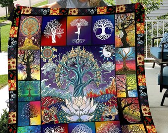 Celtic Tree of Life Print Indian Made Cotton Throw Red Yellow Purple 203 x 230cm 