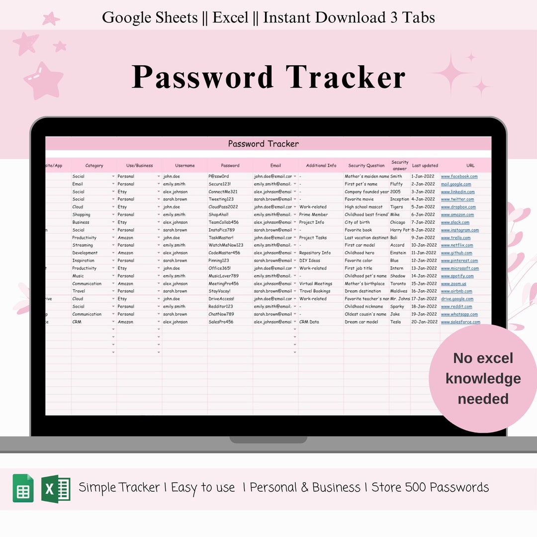 Password Tracker Google Sheet Password Log Password Manager Spreadsheet
