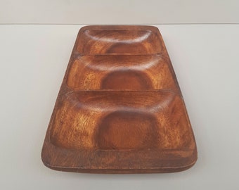 Vintage Teak Serving Tray, 1970s Wooden Appetizer Dish with 3 Sections