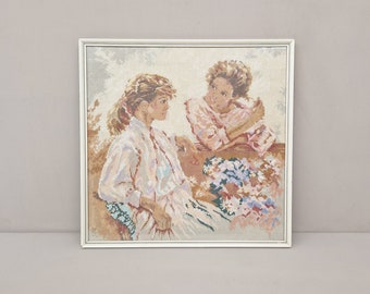 Vintage geborduurd schilderij met twee vrouwen, ingelijst met glas en kader, jaren '80