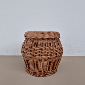 May include: A brown wicker basket with a rounded shape and a woven pattern.