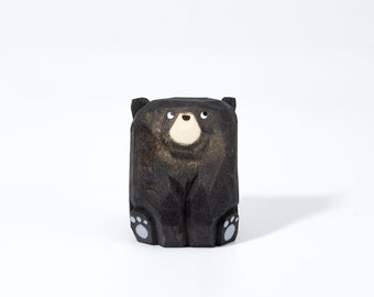 Kuro Hand-Carved Wooden Black Bear, Handmade Sculpture, Bear Figurine, Bear Statue, Wood Bear Ornament, Desk Decor, Her Personalized Gift