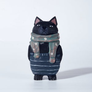 Coco Hand-Carved Wooden Cat with Scarf, Handmade Sculpture, Cat Wooden Figurine, Cat Statue, Cat Ornament, Desk Decor, Her Personalized Gift