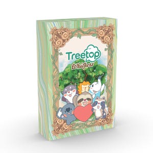Könnte beinhalten: Eine rechteckige Schachtel mit einem grün-weißen Holzmaserungsmuster. Die Vorderseite zeigt eine gerahmte Illustration mit dem Text "Treetop Whispers" und Zeichentricktieren, darunter ein Faultier, ein Koala und ein Waschbär.