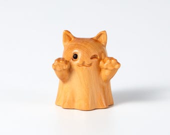 Mika Carved Wooden Playful Winking Cat, Wooden Figurine, Home Decor Sculpture Ornament, Animal Decor, Gift, Handmade, Customize, Cat Lover