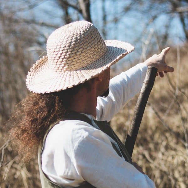 Chapeau de paille tressé - Roseaux 100 % naturels - Quenouille à feuilles larges - Rogożyna - Pour l'été - Chapeau médiéval et décontracté pour homme et femme - Fait main