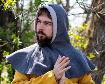 Capuche en liripipe - laine - col en lin - 14e et 15e siècles - Gugel - chaperon pour homme - mode médiévale pour reconstitution, fantastique, GN, SCA