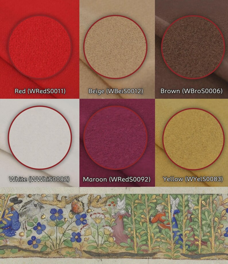 Op de afbeelding: Een raster van zes stofstalen in rood (WRedS0011), beige (WBeiS0012), bruin (WBroS0006), wit (WWhiS0082), kastanjebruin (WRedS0092) en geel (WYelS0083), boven een horizontale illustratie van figuren in een tuin.