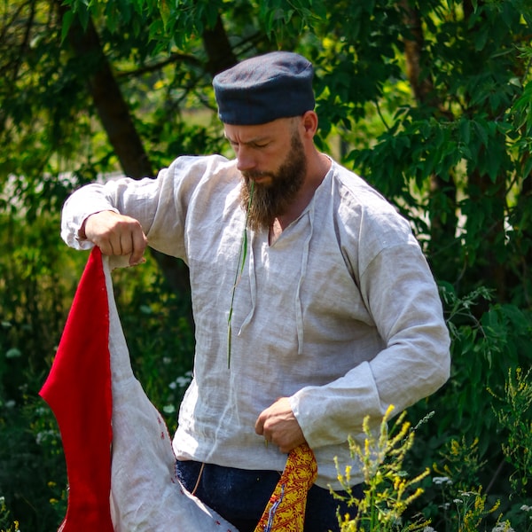 Herren Leinenhemd - 100% Leinen Kleidung - Vintage Natur Langarmhemd für Sommer, Mittelalter-Reenactment, LARP