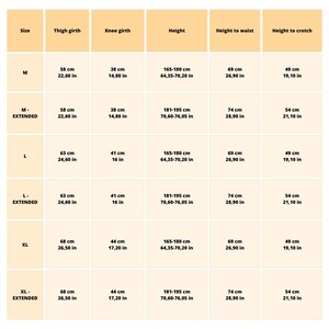 May include: Size chart with measurements in inches and centimeters for different sizes of clothing. The chart includes measurements for thigh girth, knee girth, height, height to waist, and height to crotch.