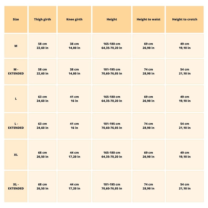 May include: Size chart with measurements in inches and centimeters for different sizes of clothing. The chart includes measurements for thigh girth, knee girth, height, height to waist, and height to crotch.