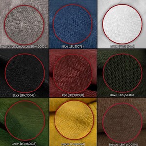 May include: Nine fabric swatches in different colors, including natural, blue, white, black, red, olive, green, yellow, and brown. Each swatch is a close-up of the fabric texture.
