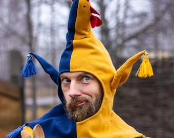 Jester Hood Rooster - Wool Medieval Headwear - Unique Late Medieval Fool’s Hood For Motley Outfit - Parti-Colored Clothing - Historical Hood