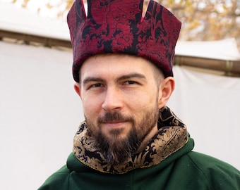 Patterned Crown Hat - Brocade & Felted Wool - Medieval Hat For Men - Reenactment, LARP, Cosplay 15th Century Costume