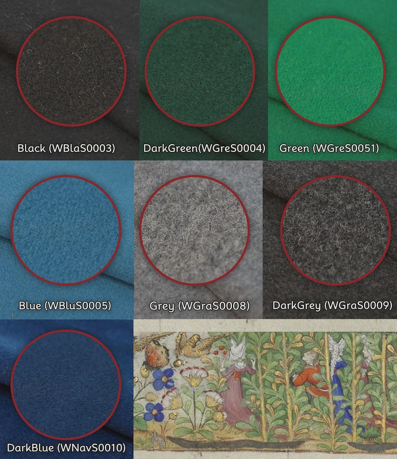 Op de afbeelding: Een kleurenpalet met zeven stoffen stalen in zwart (WBlaS0003), donkergroen (WGreS0004), groen (WGreS0051), blauw (WBluS0005), grijs (WGraS0008), donkergrijs (WGraS0009) en donkerblauw (WNavS0010) naast een bloemrijke illustratie.