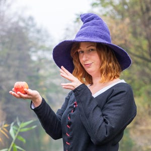 May include: A woman wearing a purple pointed hat and a black tunic holds a red apple in her hand. She is standing in front of a blurry background of trees and fog.