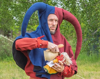 Jester's Hood - Cap 'n' bells - Two-Tone Medieval Jester Hood with Bells – Wool Hood with Linen Lining - Reenactment, Cosplay, LARP Costume