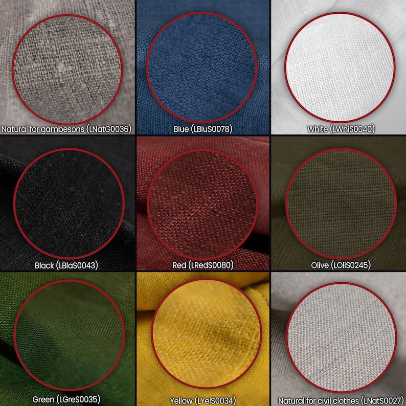 Puede incluir: Nueve muestras de tela en diferentes colores y texturas. Las muestras est&aacute;n etiquetadas con su color y un c&oacute;digo. Los colores son natural, azul, blanco, negro, rojo, oliva, verde, amarillo y natural.