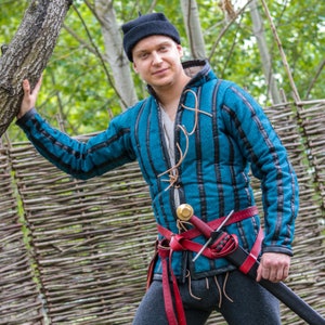 Striped Arming Doublet - Linen And Leather - 15th Century Gambeson - Late Medieval & Renaissance Pourpoint For Reenactment, LARP, SCA