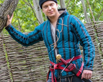 Striped Arming Doublet - Linen And Leather - 15th Century Gambeson - Late Medieval & Renaissance Pourpoint For Reenactment, LARP, SCA