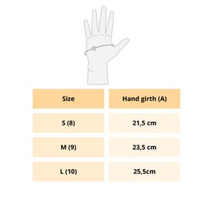 May include: A chart showing hand girth measurements in centimeters for different sizes of gloves. The sizes are S (8), M (9), and L (10).