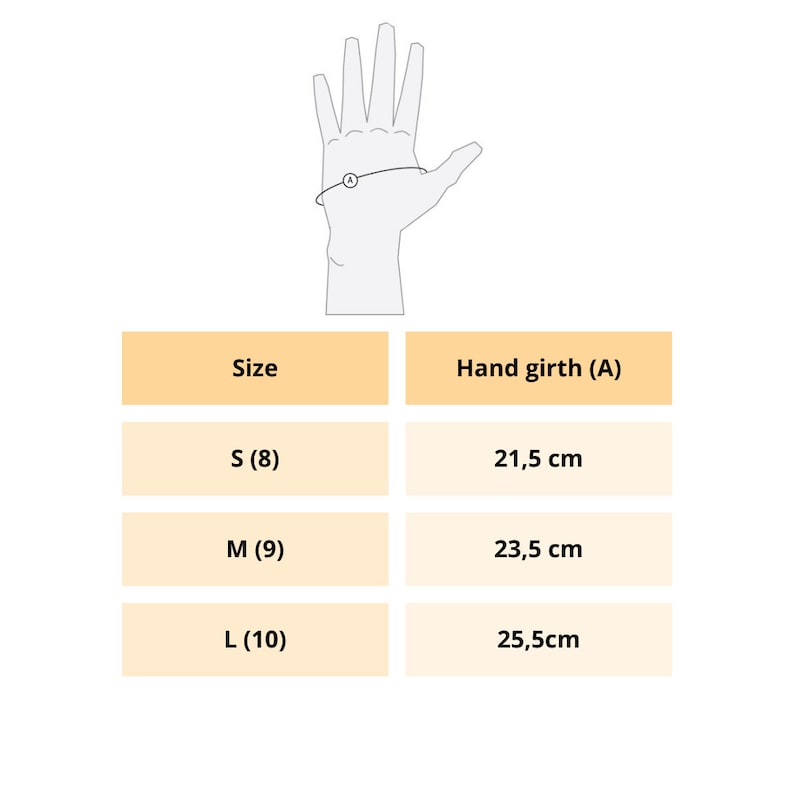 May include: A chart showing hand girth measurements in centimeters for different sizes of gloves. The sizes are S (8), M (9), and L (10).