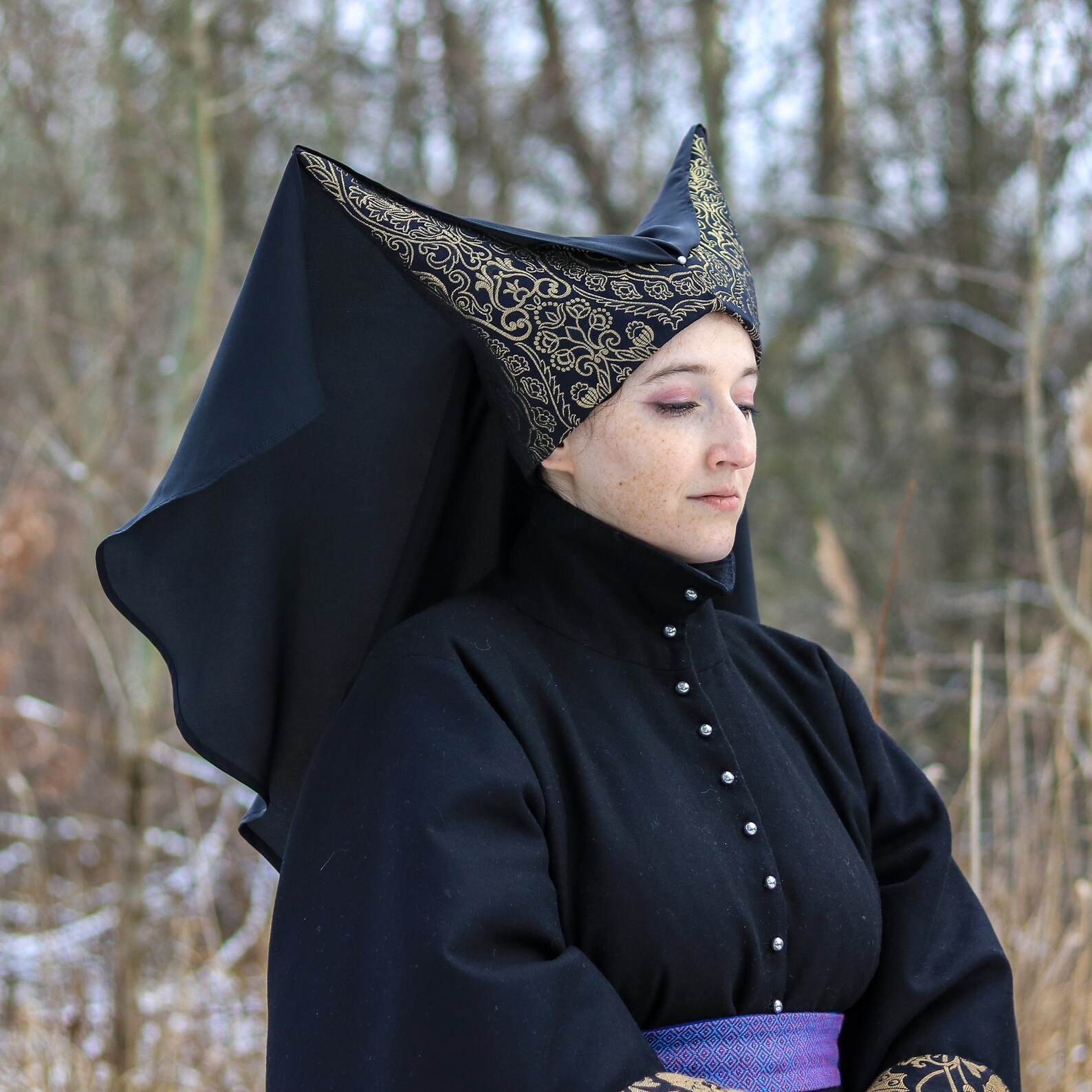 thumbnail image 2 of Halloween Witch Hat Medieval Hennin Hat With Veil - Double Horned 2 of 11