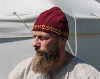 Medieval Woolen Cap Miro - Woolen Viking Hat - Headwear With Embroidery - Reenactment, LARP, SCA & Fantasy Costume